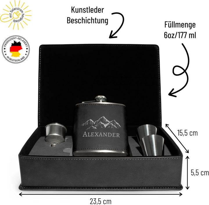 Flachmann Set personalisiert mit Gravur - Berge-Design mit deinem Namen - Edelstahl mit Kunstleder –