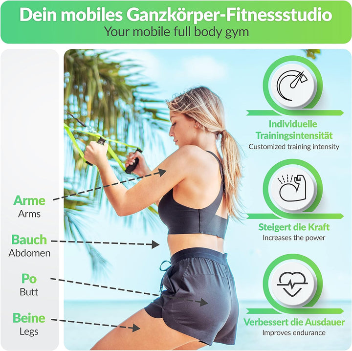PREMIUM Schlingentrainer mit Umlenkrolle, Türanker, Poster, Trainingsplan, Befestigungsschlaufe| Mad