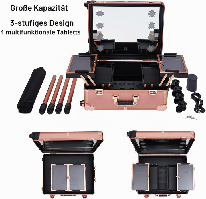 Kosmetikkoffer Trolley mit Spiegel und Licht Mobile Schminkstation Tisch, Einstellbare Höhe und Hell
