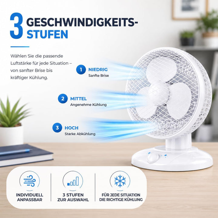 Leiser Tischventilator (30 cm) mit 90° Schwenkfunktion Ventilator – tragbares Design, 3 Leistungsstu