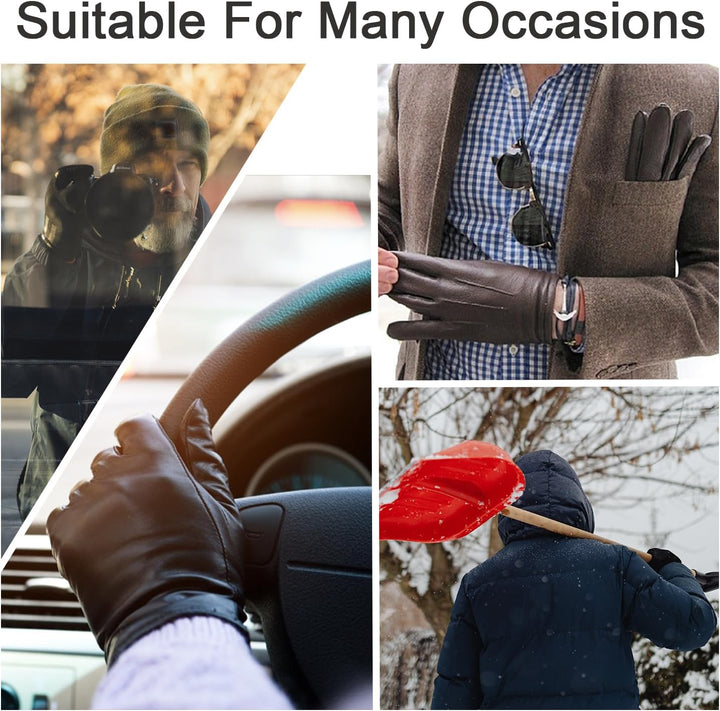 ZLUXURQ Herren Weiches Lammfell Leder Touchscreen Winter Fahrhandschuhe Kaschmir Gefüttert, bequem u