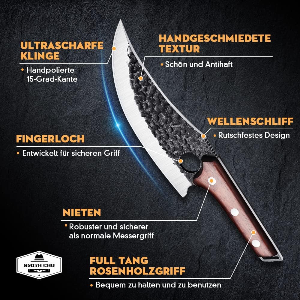 SMITH CHU handgeschmiedetes Ausbeinmesser mit Lederscheide Professionelles Kochmesser Küchenmesser T