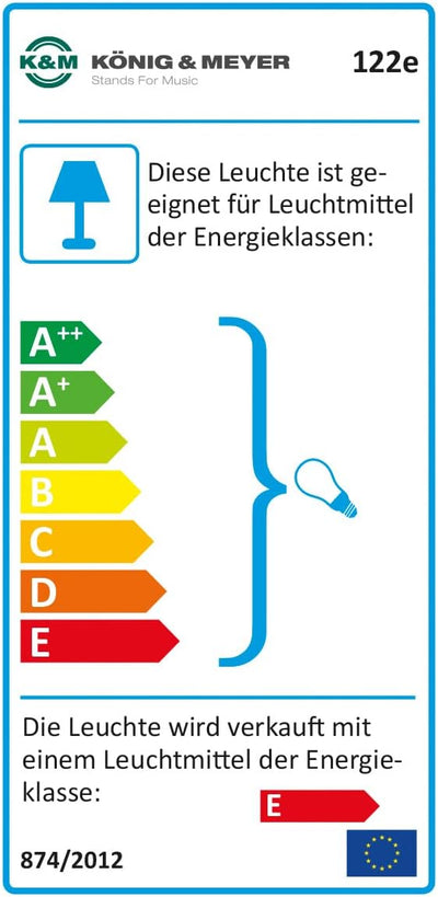 K&M 122e Notenpultleuchte Schwarz – 16 cm Stahl-Lampenschirm, 2500 Lux Helligkeit, max. 25 W, 2 m Ka