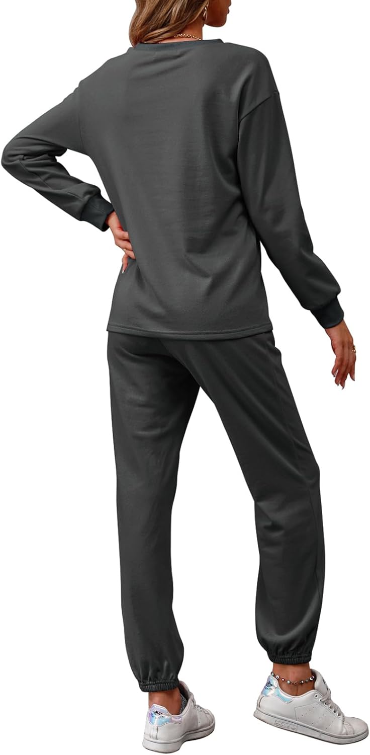 REORIA Damen Tracksuit Langarm Rundhalsausschnitt Einfarbig Zweiteiler Outfit Hoodie Jogger Training