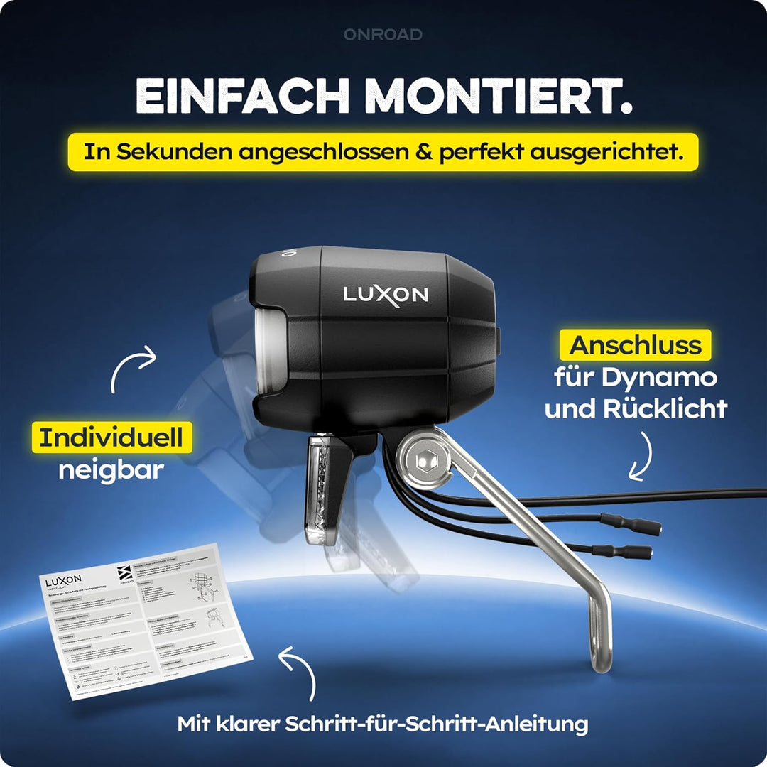 LED Fahrradlicht Dynamo 70 Lux - Fahrradlicht Set LUXON mit Automatischer Lichtanpassung & Standlich