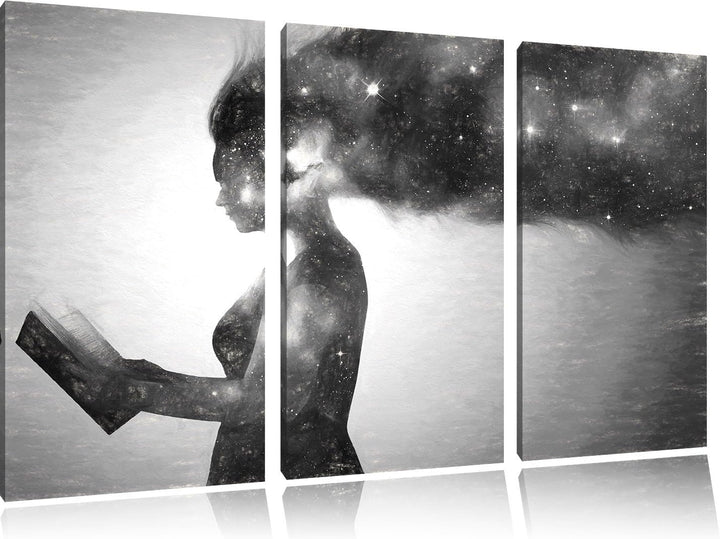Pixxprint abstrakte Frau mit Buch Kunst Kohle Effekt 3-Teiler Leinwandbild 120x80 Bild auf Leinwand