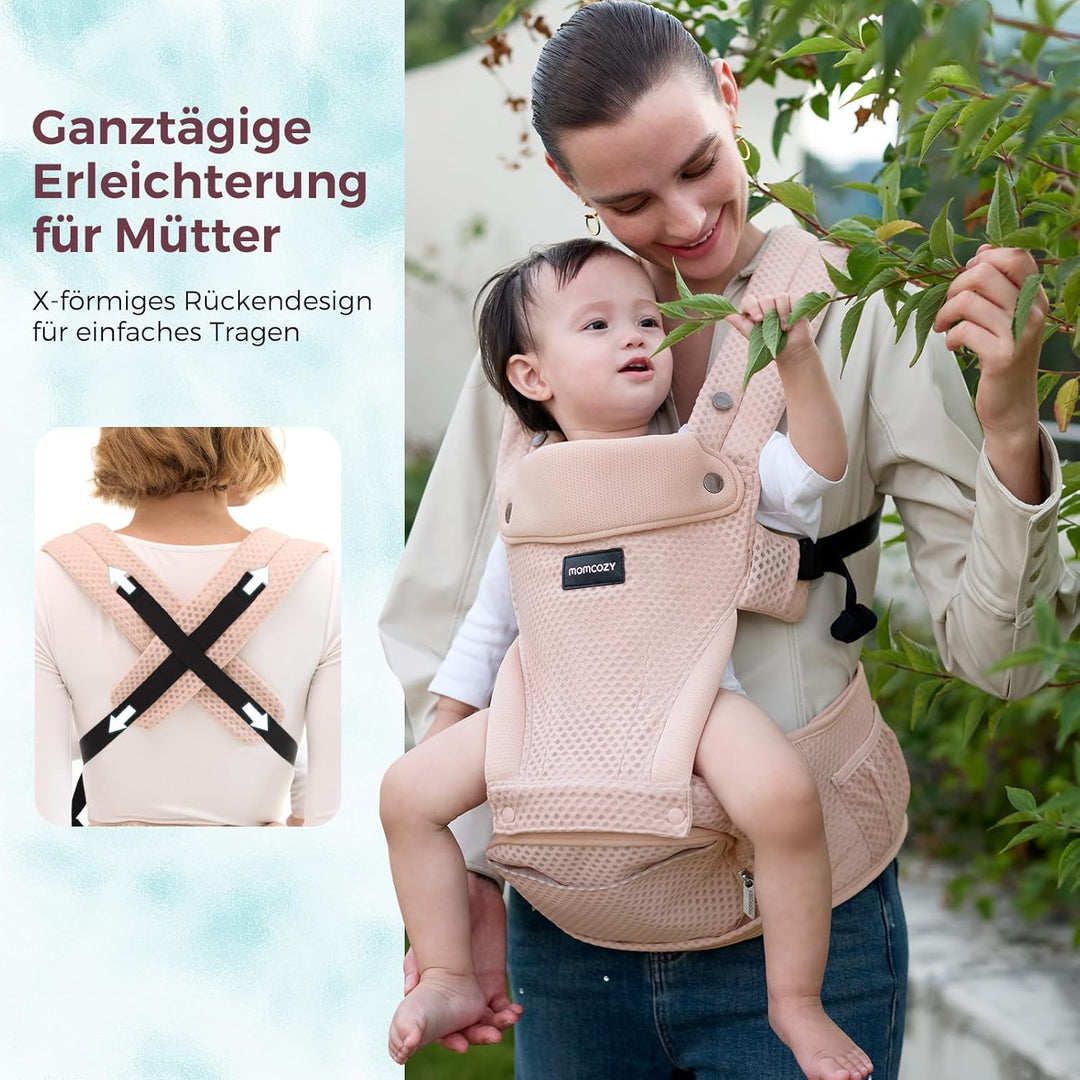 Momcozy Babytrage mit Hüftkissen, 2-in-1 Verstellbare &amp; Abnehmbare Babytrage bis 20kg Rosa
