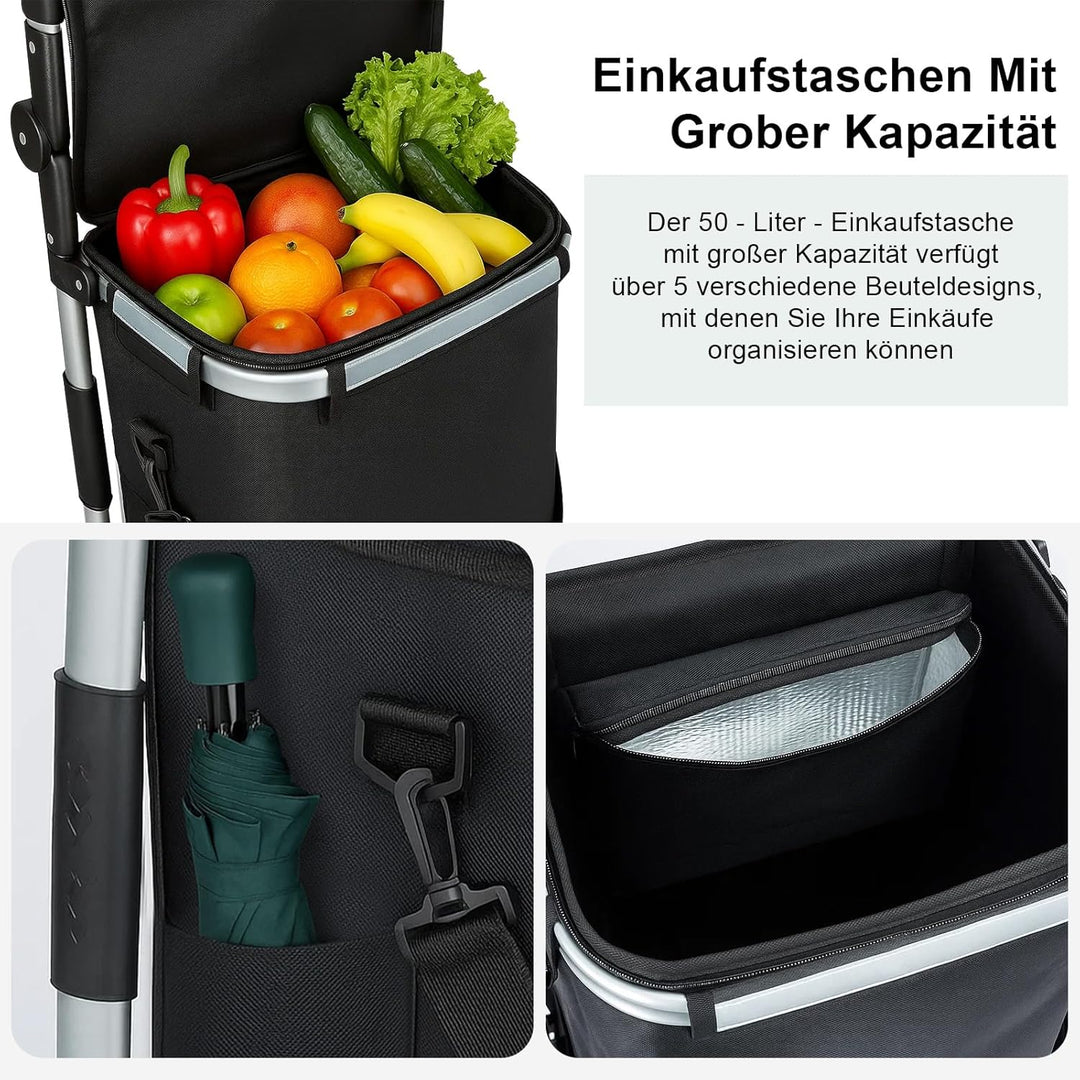Einkaufstrolley 64 L, klappbarer Einkaufswagen mit Aluminiumrahmen, bis 60 kg Tragkraft, grosse Roll