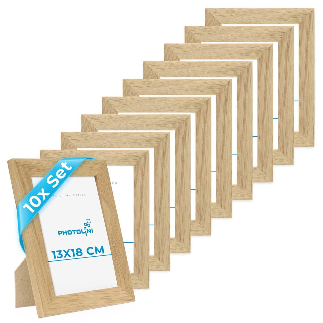 PHOTOLINI Bilderrahmen 13x18 Holz Eiche, 10er Set breite Bilderrahmen 18x13, Fotorahmen 13 x 18 Holz