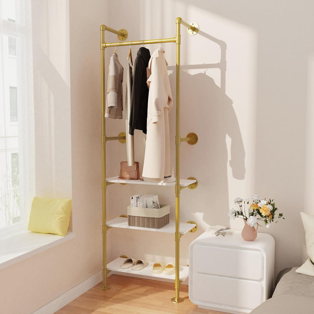 unho Kleiderstange zur Wandmontage, Wandgarderobe mit 3 verstellbare Ablagen im Industrierohrstil, W