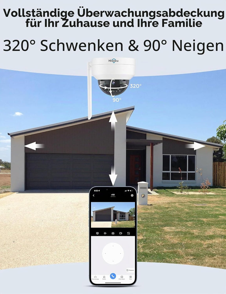 Hiseeu 5MP Überwachungskamera Aussen WLAN,360 ° Anzeigen PTZ Kamera mit Farbe Nachtsicht,2-Wege-Audi