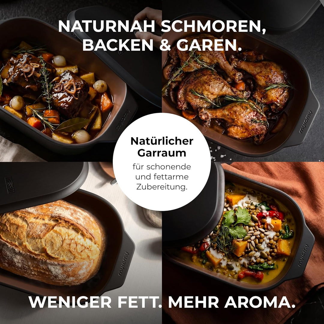 myromy® Bräter, Schmortopf &amp; Brotbackform aus Keramik Natur-Ton: Bratentopf, Dampfgarer &amp; Backform,