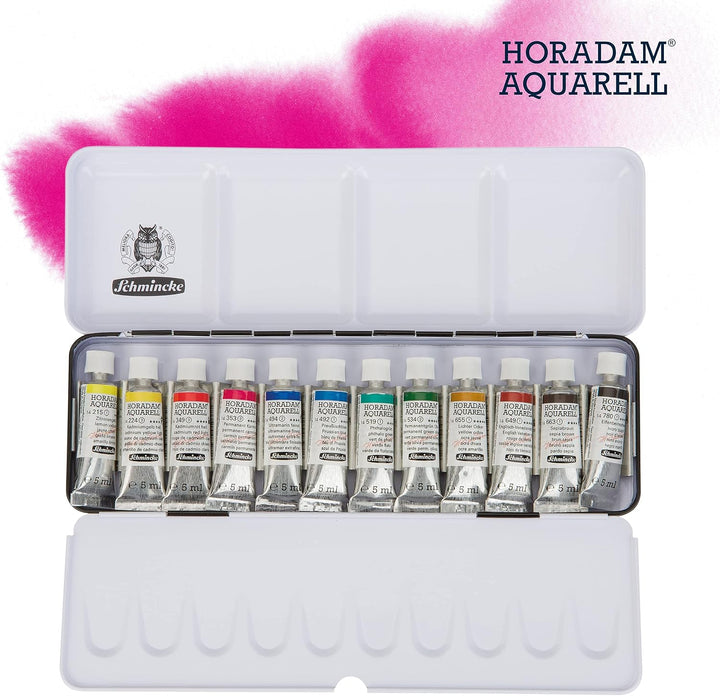 Schmincke – HORADAM AQUARELL Farbkasten, Grundsortiment, 12 x 5 ml Tuben, 74112097, Metallkasten, Ma