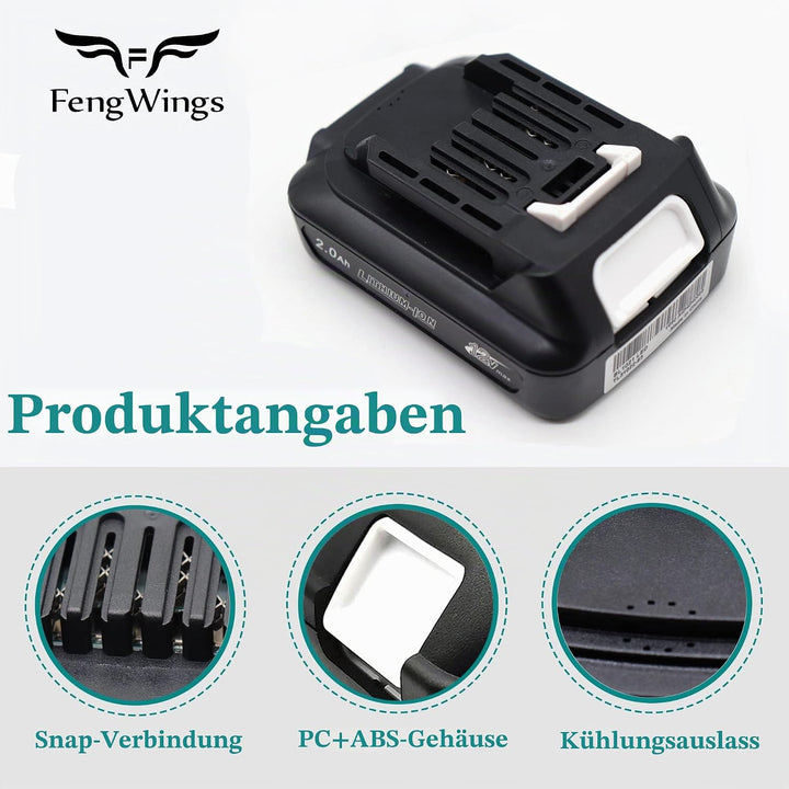 FengWings® 2 Stück BL1021B Akku，12V 2,0Ah Ersatzakku für Makita 12V Akku BL1021B BL1016 BL1041B 1973