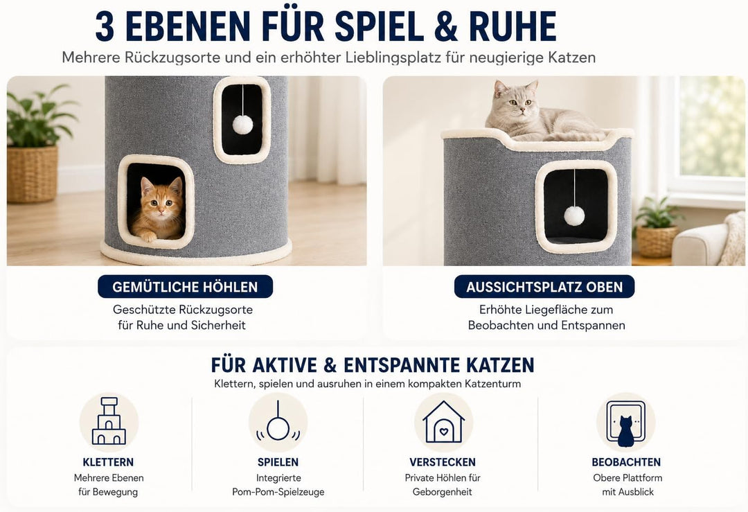 Katzenturm Kratztonne 3 Ebenen Kratzbaum 86cm hoch mit Spielbällen Kuschelhöhle Grau Gross Katzenhau
