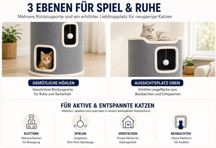 Katzenturm Kratztonne 3 Ebenen Kratzbaum 86cm hoch mit Spielbällen Kuschelhöhle Grau Gross Katzenhau