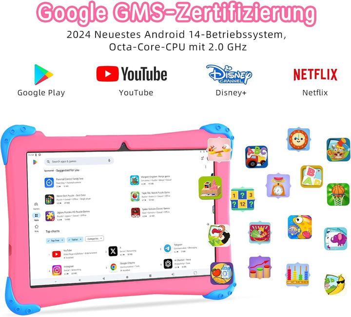 EagleSoar Kinder Tablet 10 Zoll Android 14 mit Gehäuse, Octa-Core 10GB + 64GB / 512GB Erweiterung mi