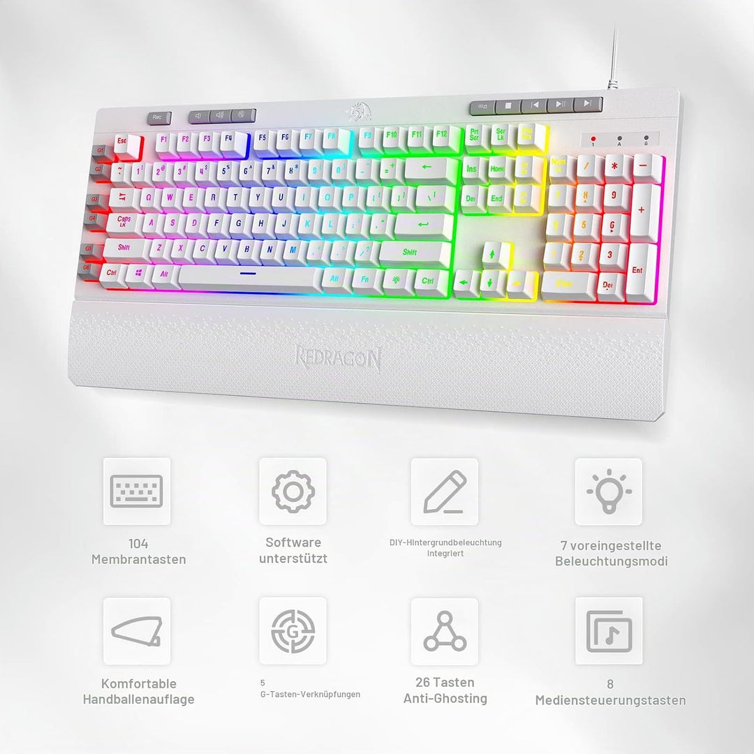 Redragon K512 Shiva US-Layout weisse Membran-Gaming-Tastatur, RGB-Beleuchtung, Programmierbare G-Tas