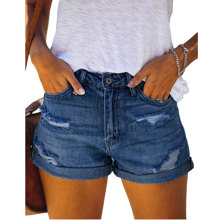 Denim-Shorts für Frauen, zerrissene mittlere Taille, dehnbarer gefalteter Saum, kurze Jeans, lässige