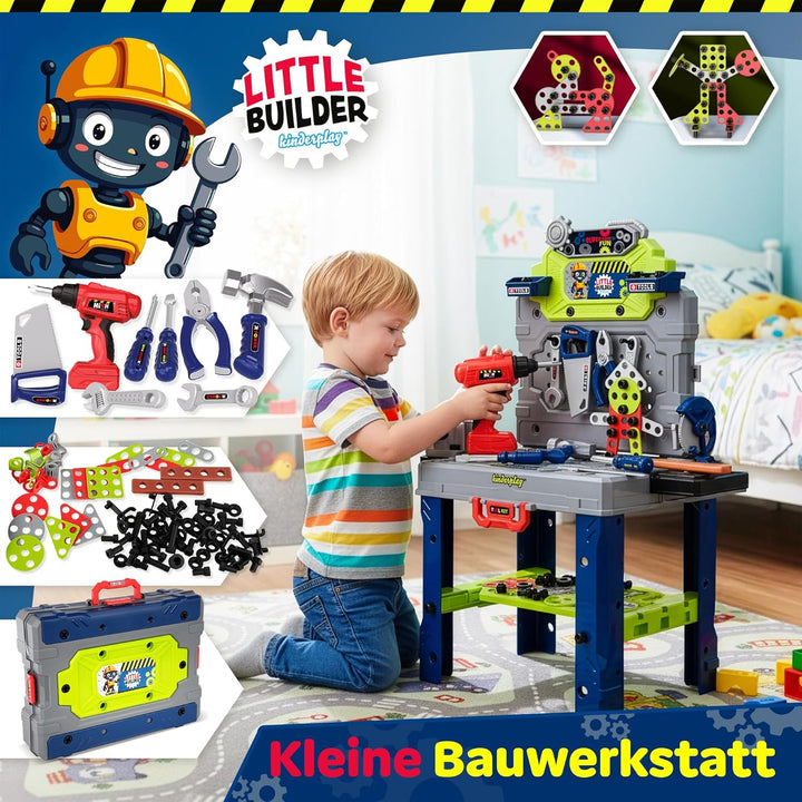 Kinderplay Kinder Werkbank 132 TLG mit Werkzeugset und Bohrmaschine, Werkstatt für Kinder ab 3 Jahre