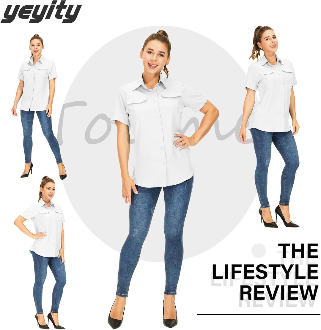 yeyity Hemdbluse Damen Kurzarm UV Schutz Wander Shirt Damen Atmungsaktiv Safari Hemd Schnelltrocknen