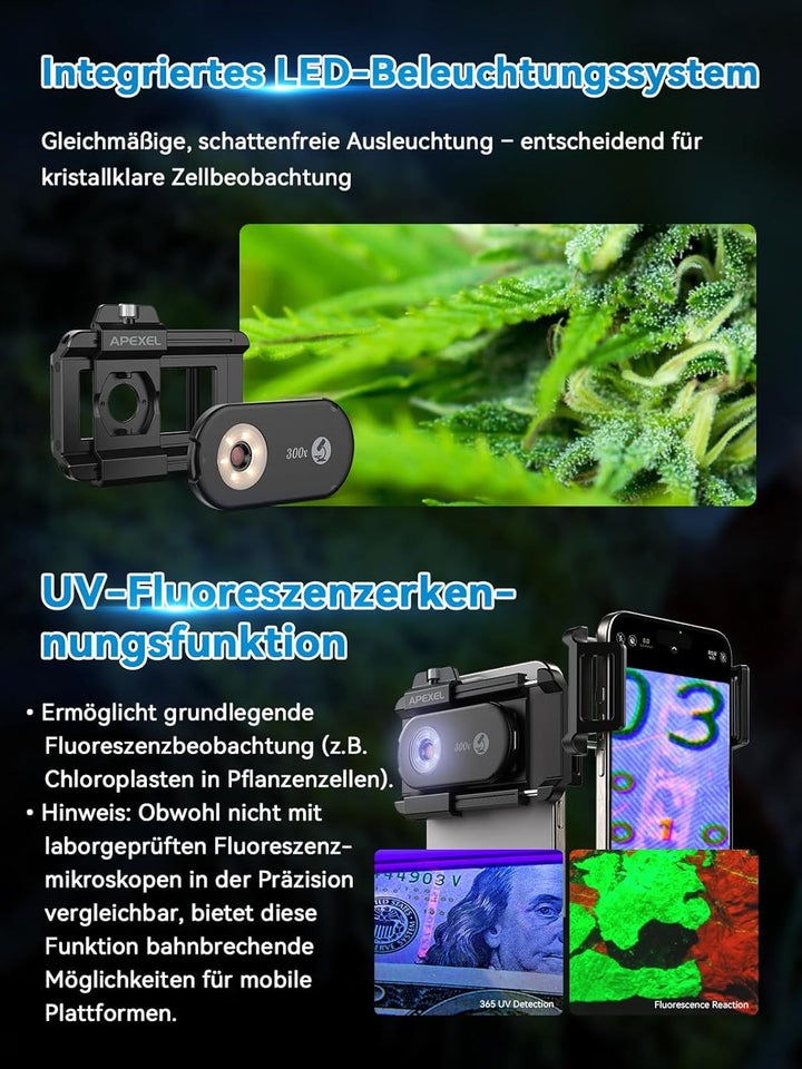 APEXEL 300X Smartphone Mikroskop - Professionelle Trichomanalyse & Mikrowelt Erkundung 300X Mikrosko
