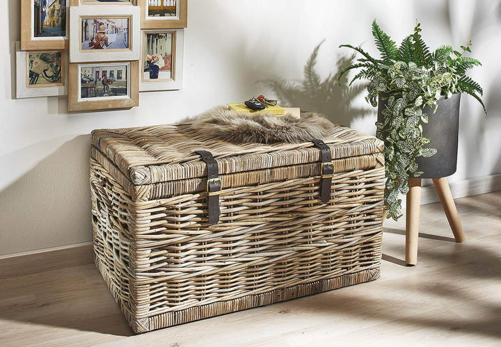 Kobolo Truhe Korbtruhe Sitztruhe - Rattan - grau - mit Textil - 70x45x40 cm