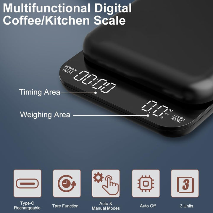 OBEST Digitale Mini Kaffeewaage mit Timer,Wiederaufladbare Espressowaage,3kg/0,1g Hochpräzise Elektr