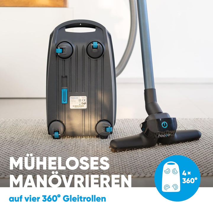 hoogo B3+ anthrazit mit Flipflop Bodendüse | Staubsauger mit Beutel | Starke 850 W Saugleistung | HE