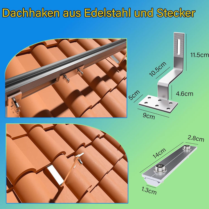 TEOV Solar Halterung Ziegeldach für 1134mm PV, Montageset Halterung Balkonkraftwerk mit 1500mm+1150m