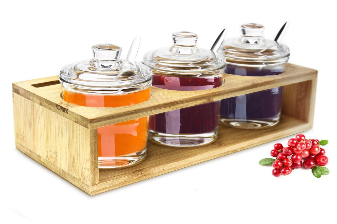 Sendez 3 Gewürzgläser mit Holzgestell und Löffeln Gewürzdosen Parmesandosen Marmeladendosen Set Honi