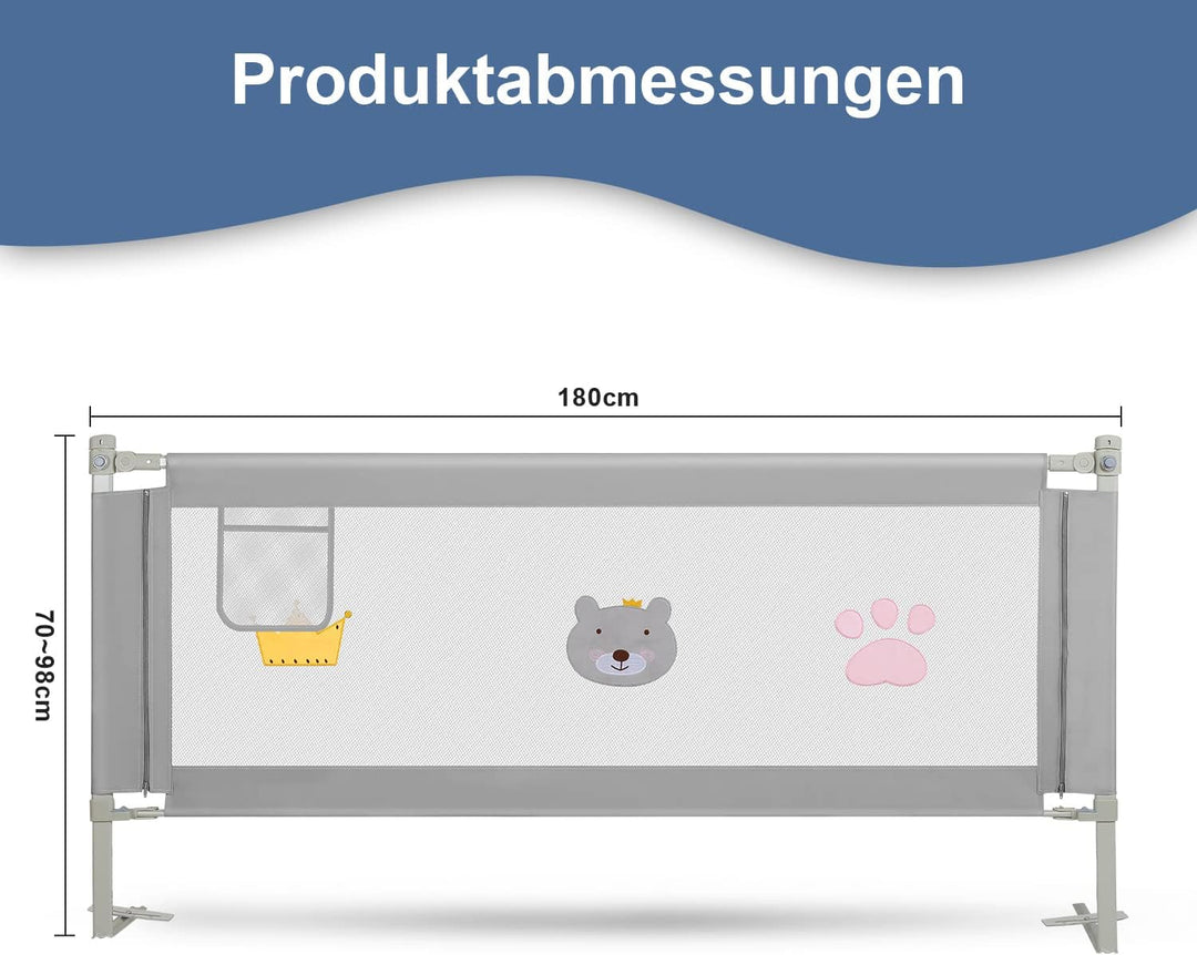 Herrselsam 180 cm Kinder bettgitter, Bettschutzgitter Höhenverstellbar, Rausfallschutz Bett für Kind