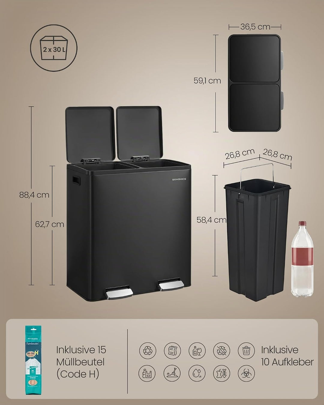 SONGMICS Mülleimer Küche, 2 x 30 L, Mülltrennsystem 2 Fächer, Abfalleimer mit 15 Müllbeuteln, Tretmü