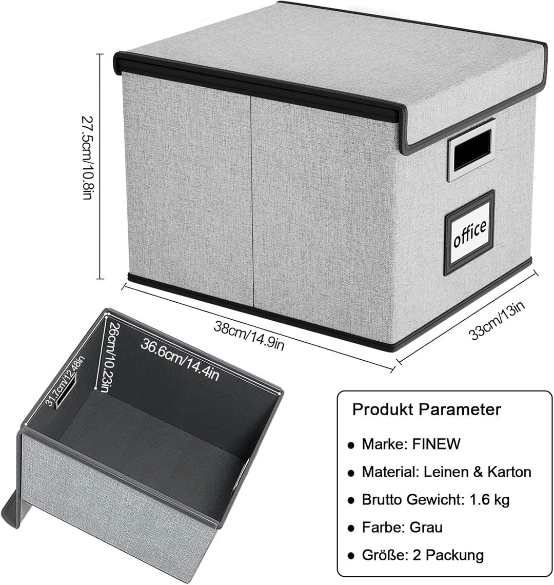 FINEW Faltbare Aufbewahrungsbox mit Deckel, Stilvolle Aufbewahrungsbox in Leinenoptik, 38.5 × 33 × 3