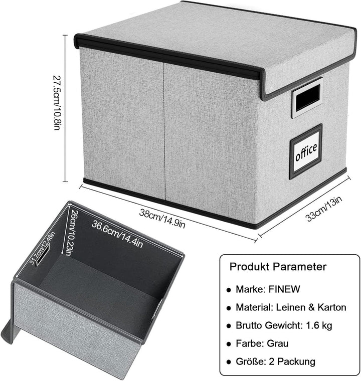 FINEW Faltbare Aufbewahrungsbox mit Deckel, Stilvolle Aufbewahrungsbox in Leinenoptik, 38.5 × 33 × 3