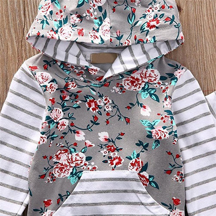 EDOTON Baby Mädchen Outfit 2 Stücke Set Gestreifte Blumen Hoodies mit Tasche Top + Lange Hosen Sweat