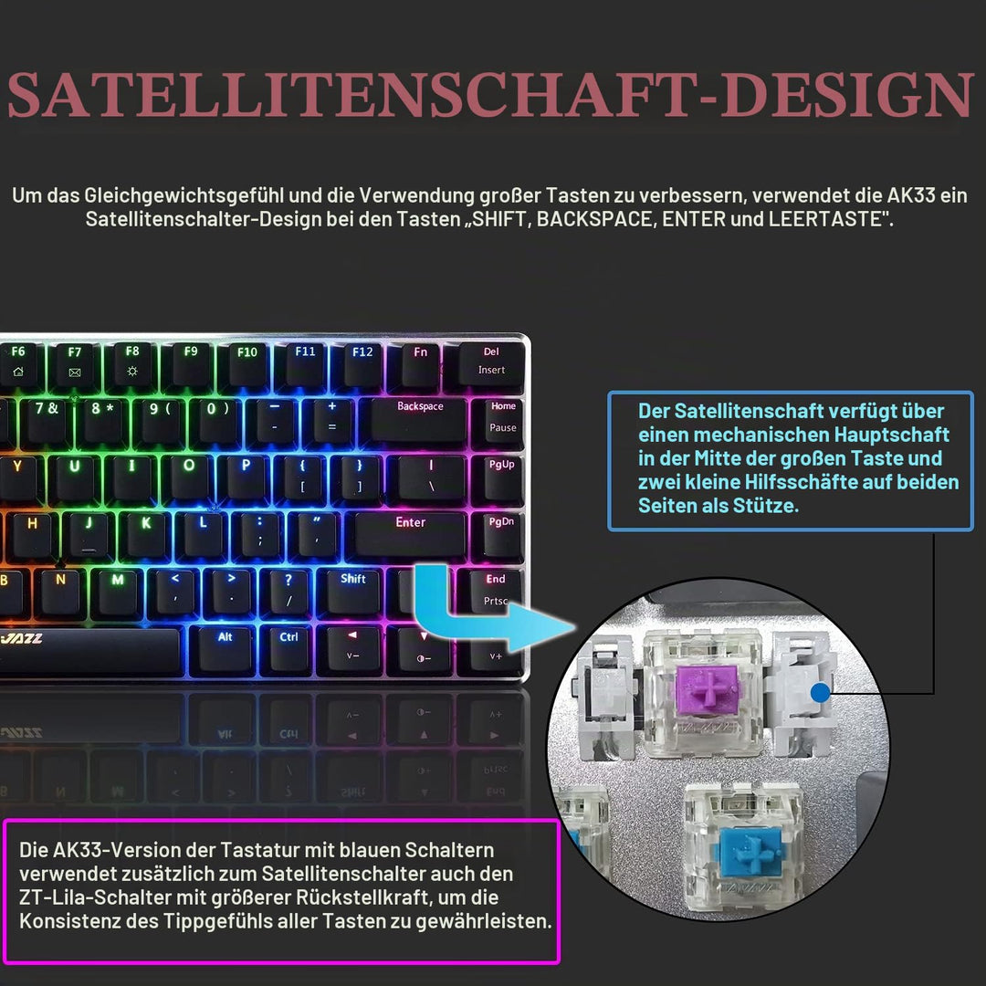 AK33 USB-Kabelgebundene Mechanische Gaming-Tastatur, 80 % Blaue Schalter Keyboard mit 19 RGB-Chroma-