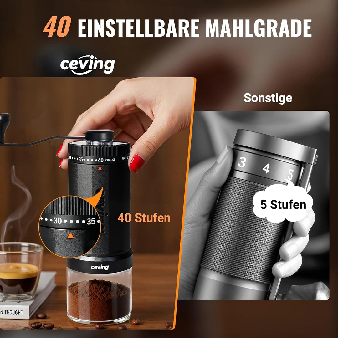 CEVING weltweit erste manuelle Kaffeemühle mit 60g Fassungsvermögen schwarz | Tragbare Handkaffeemüh