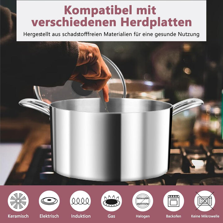 TEAMFAR Kochtopf Gross 26cm, 3-Lagen Edeastahl 6,6L Topf mit Glasdeckel für alle Herdarten, Suppento