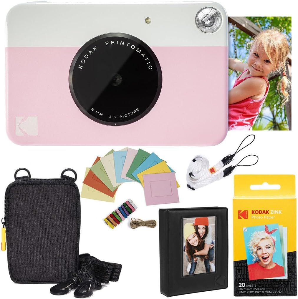 KODAK Printomatic Sofortbildkamera (Rosa) Paket + Zinkpapier (20 Blätter) Etui + Fotoalbum + Hängera