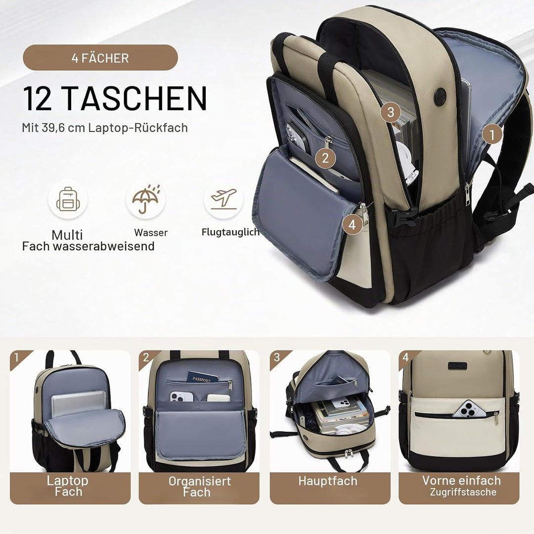 KONO Rucksack Damen 15,6 Zoll Laptop Rucksack Damen, Schulrucksack Elegant, Business Daypack mit vie