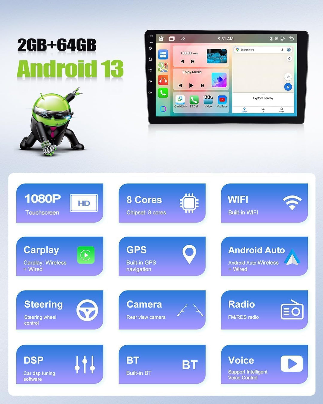 2+64G 8Core CAMECHO Android 13 Autoradio für BMW 1 Serie E81 E82 E87 E88 mit Navi,9-Zoll Auto Radio