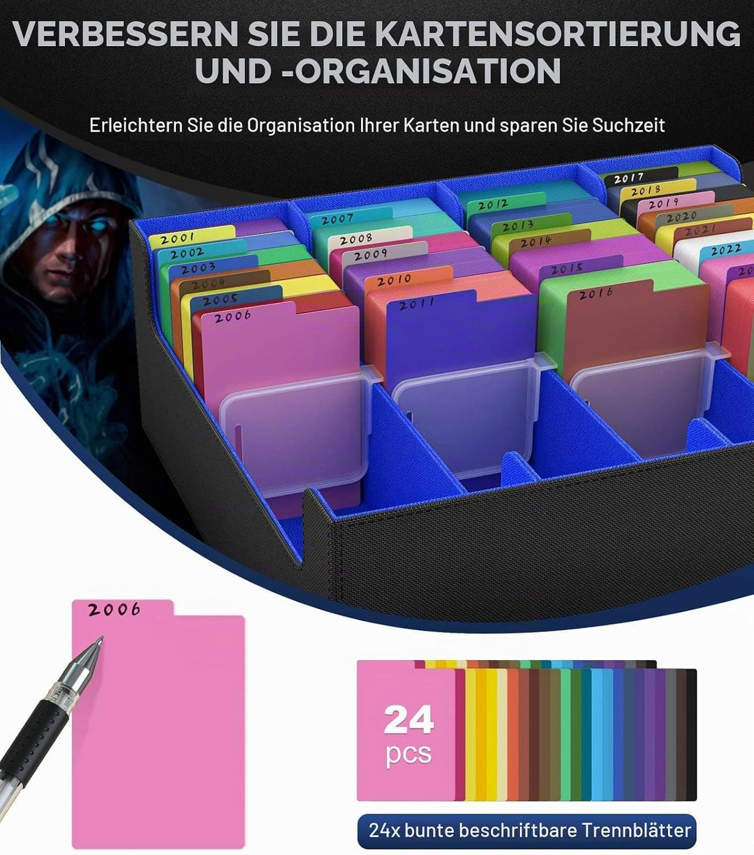 MoKo Sammelkarten Aufbewahrungsbox, 3000+ MTG Deck Box mit 24 bunten Trennwänden &amp; 4 Fächern, Spielk