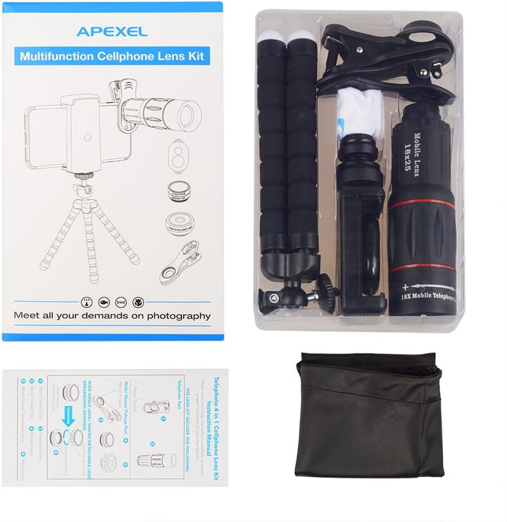 APEXEL Camera Lens Kit 18x Monocular Telescope, 0,63x Weitwinkel, 15x Makroobjektiv, 198 ° Fisheye-O