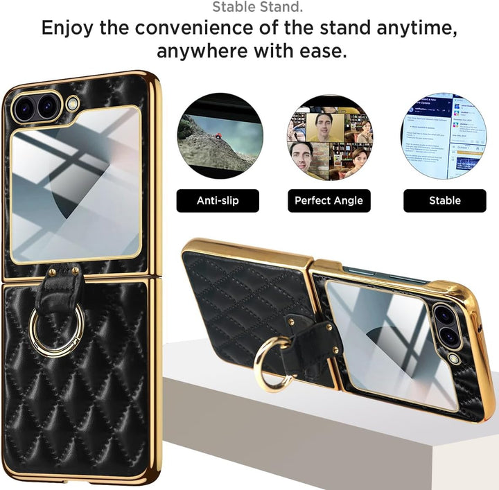 Miimall Lederhülle Kompatibel mit Samsung Galaxy Z Flip 6/Flip7 FE Hülle mit Kameraschutz+Ring Ständ