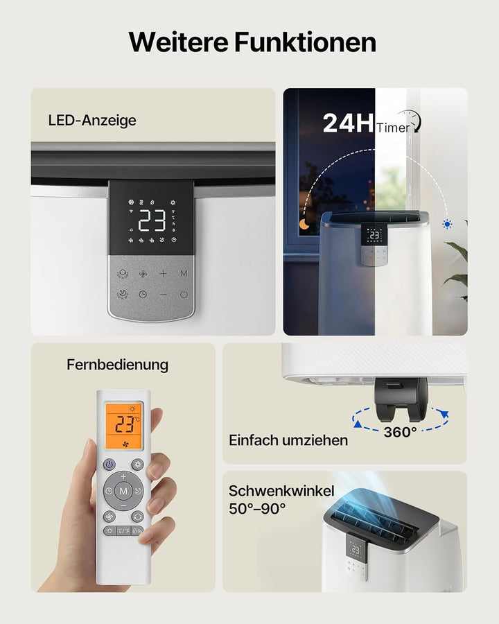 Mobile Klimaanlage 12000BTU mit Abluftschlauch | 4-in-1 Mobiles Klimagerät mit Fensterabdichtung | A