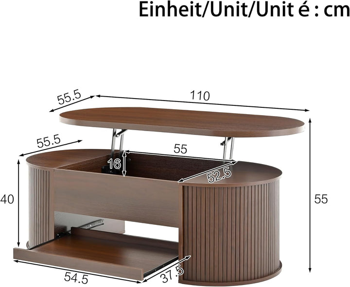 Merax Anhebbarer Couchtisch 110x55,5x40 cm, Höhenverstellbar mit Gebogenen Holzseiten, Ausziehbares