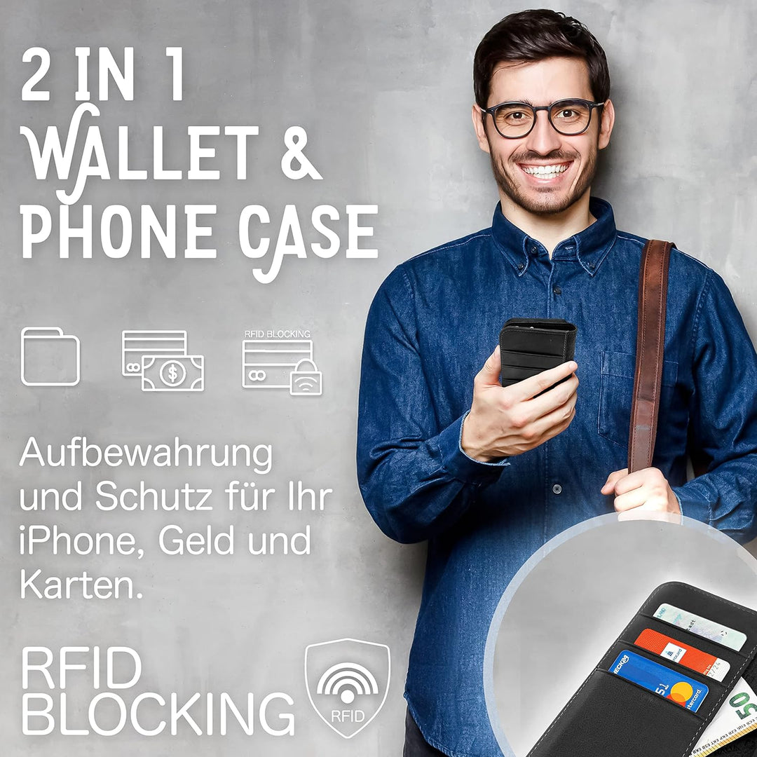 NALIA Echt-Leder Flipcase kompatibel mit iPhone 14 Plus Hülle, Handgefertigt Rindsleder Schutzhülle