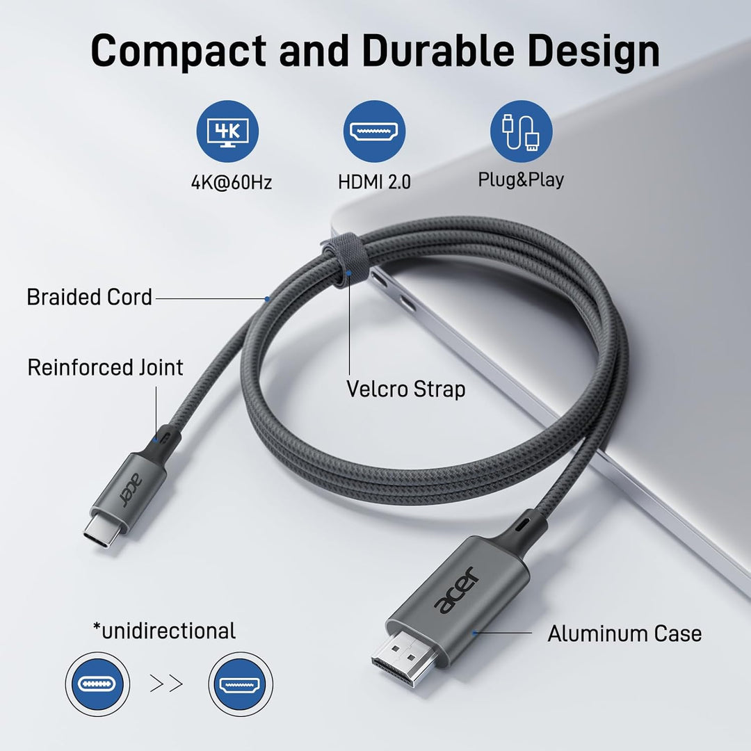 Acer USB C auf HDMI Kabel 4K@60Hz, Thunderbolt 3/4 kompatibel, Aluminium+Nylon, Typ-C zu HDMI für iP