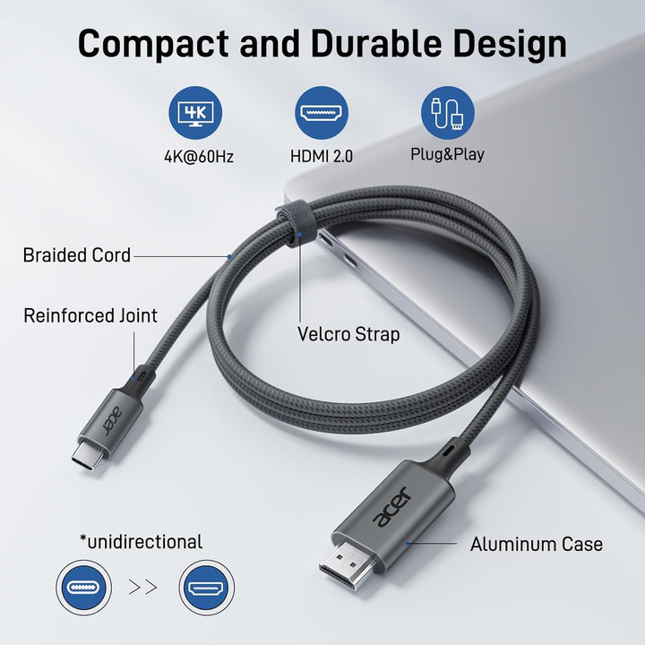 Acer USB C auf HDMI Kabel 4K@60Hz, Thunderbolt 3/4 kompatibel, Aluminium+Nylon, Typ-C zu HDMI für iP